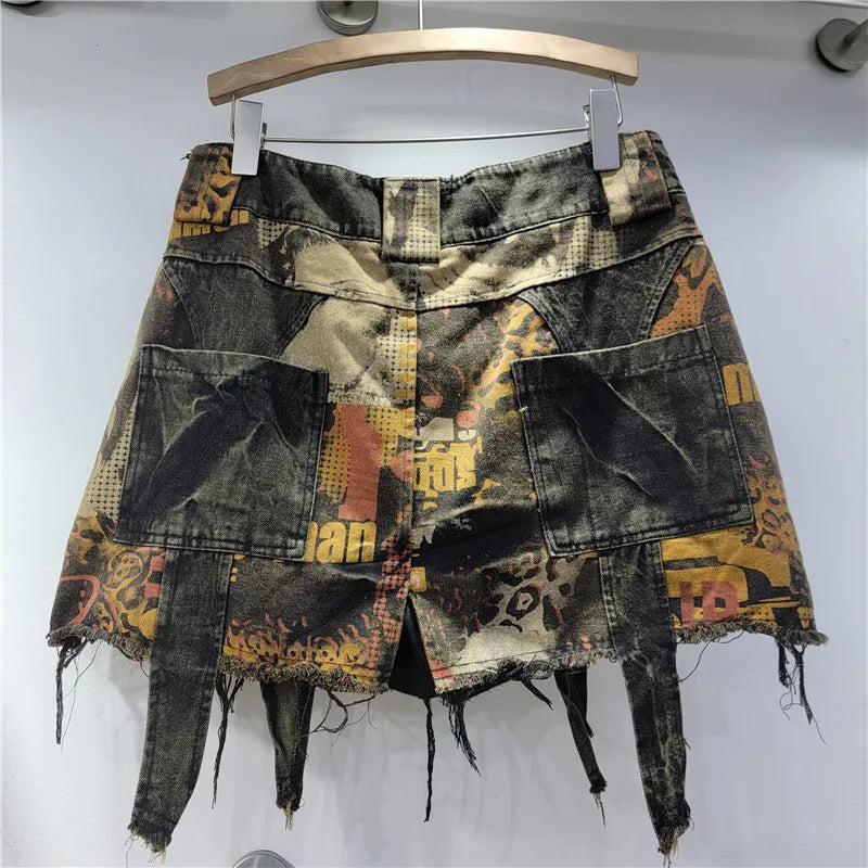 YEAE lady personality trendy cool print old denim skirt foreign style fashion irregular anti-light A word skirt