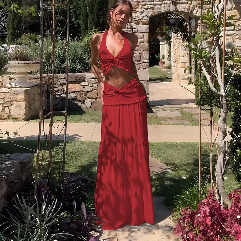 Cryptographic Elegant Two Piece Sets Sleeveless Frill Halter Twist Top Dress Sets Outfits Fashion Co-ord Sets Coquette Clothes