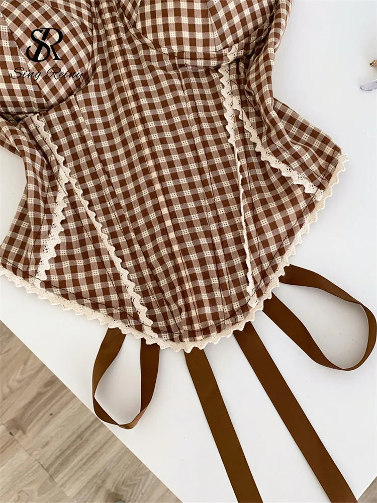 Retro Gingham Lace Up Bustier Corset Top for Women