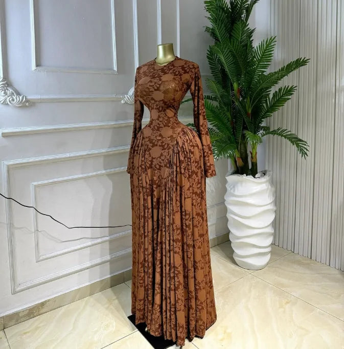 Elegant Pleated O Neck Long Sleeve Maxi Dress For Women