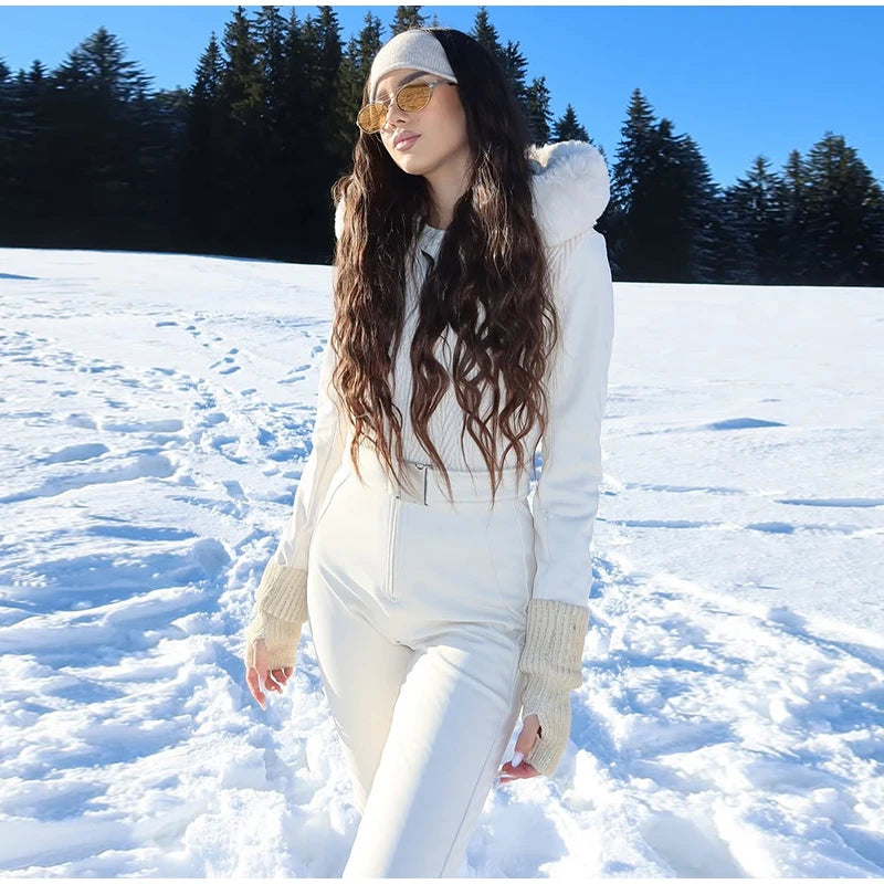 Warm Fur Trim Hooded Winter Ski Suit with Belt for Women