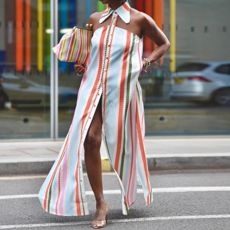 Striped Off Shoulder Hollow Midi Casual Dress for Women