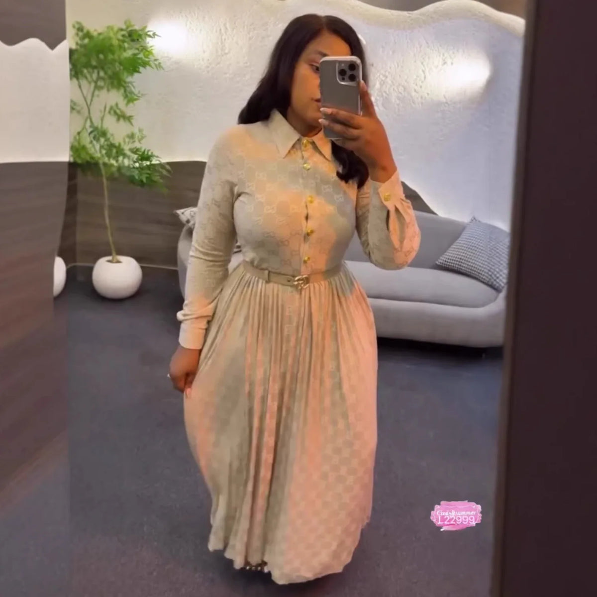 Pleated A Line Long Sleeve Ankle Length Dress for Women