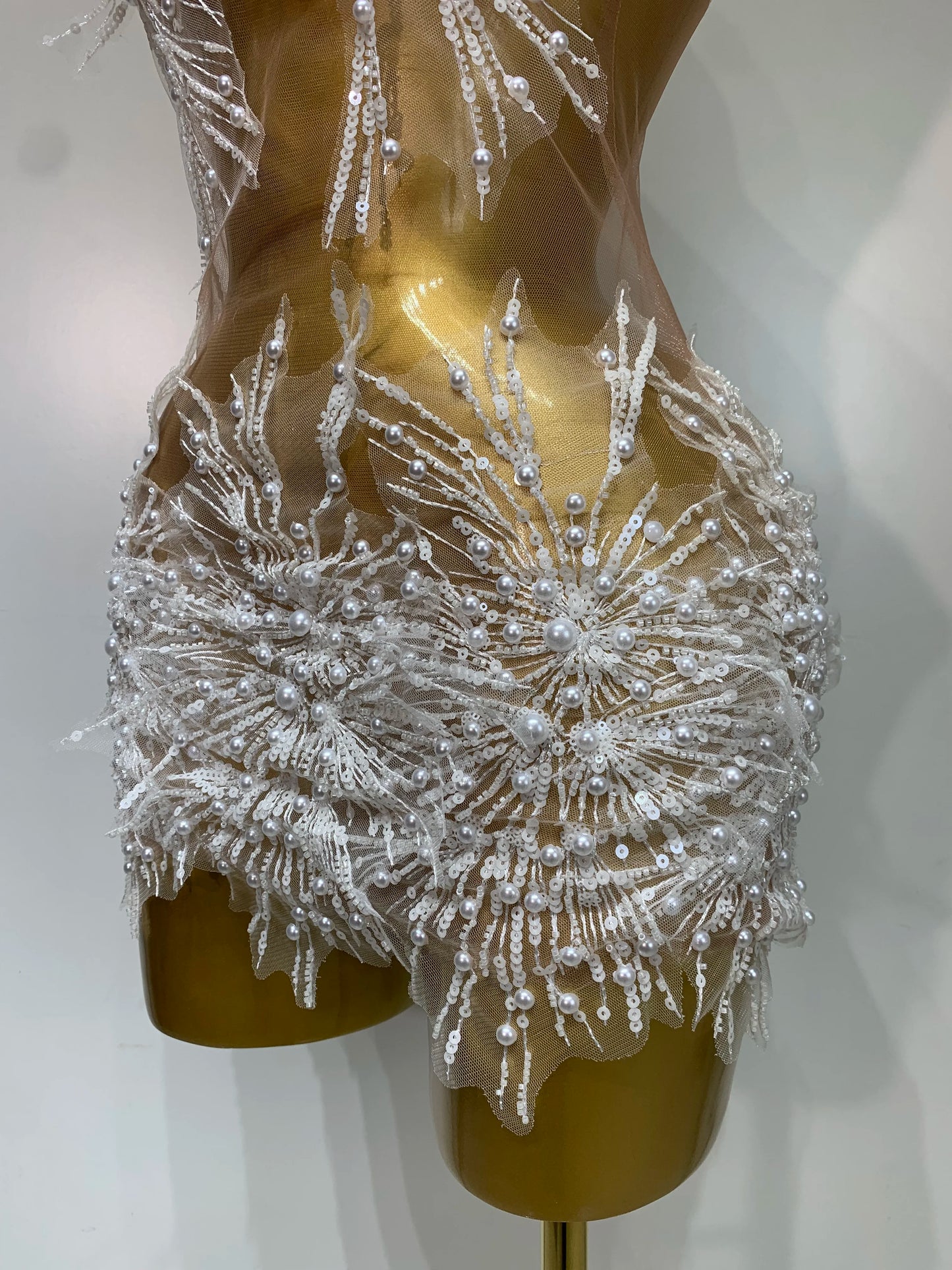 Women Sexy Mesh See Through Pearl Lace Party Mini Dress Celebrate Birthday Photo Shoot Wear Performance Stage Costume