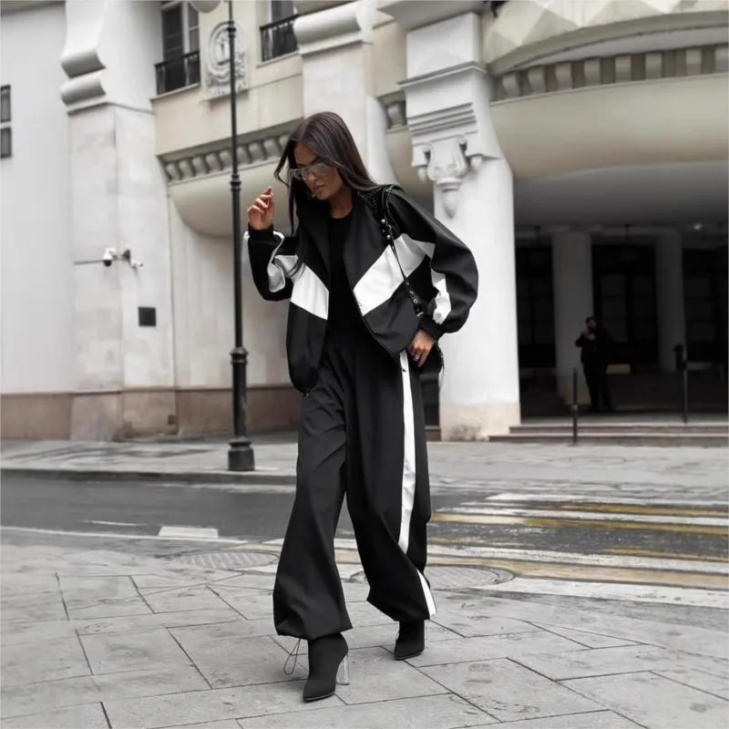 Casual Contrast Color Zipper Tracksuit Set for Women