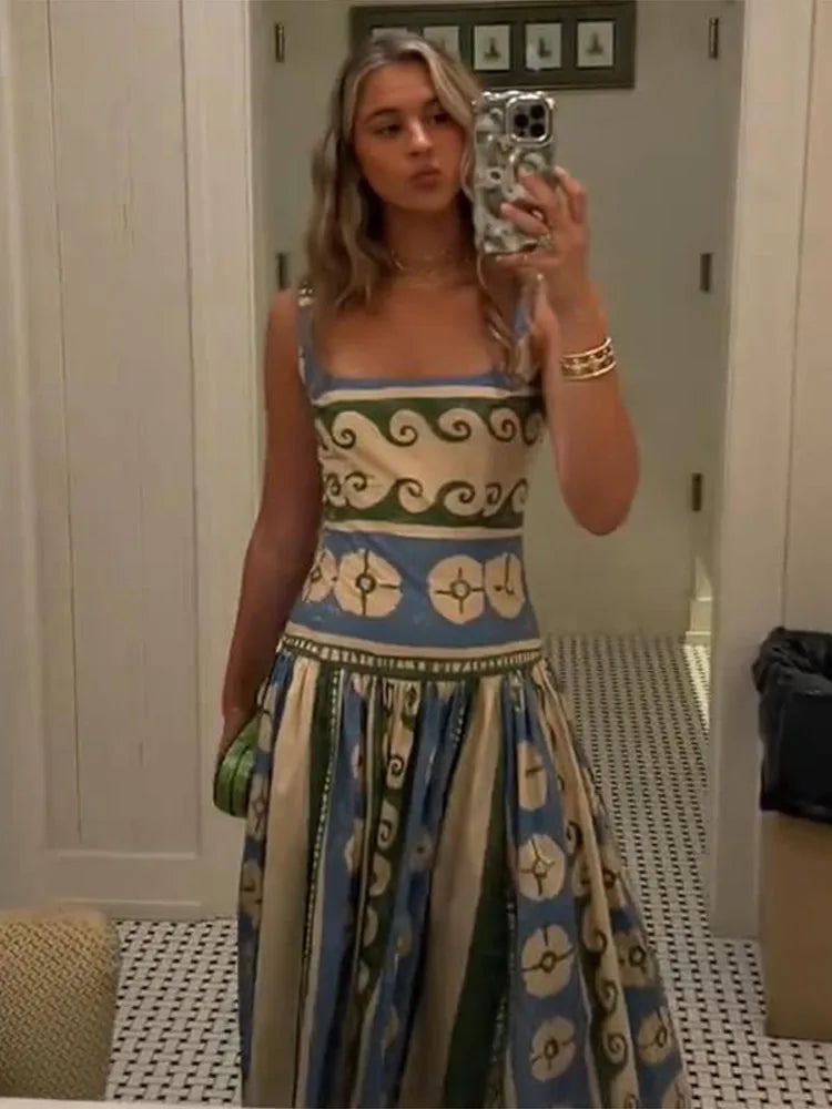 Printed Sleeveless Backless V Neck Midi Dress for Women