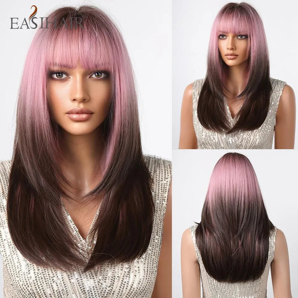 Dark Brown Synthetic Layered Wig With Bangs for Women