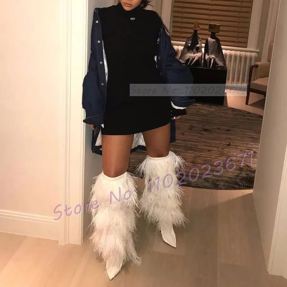 White Feather Pointed Toe Suede Side Zip Boots for Women