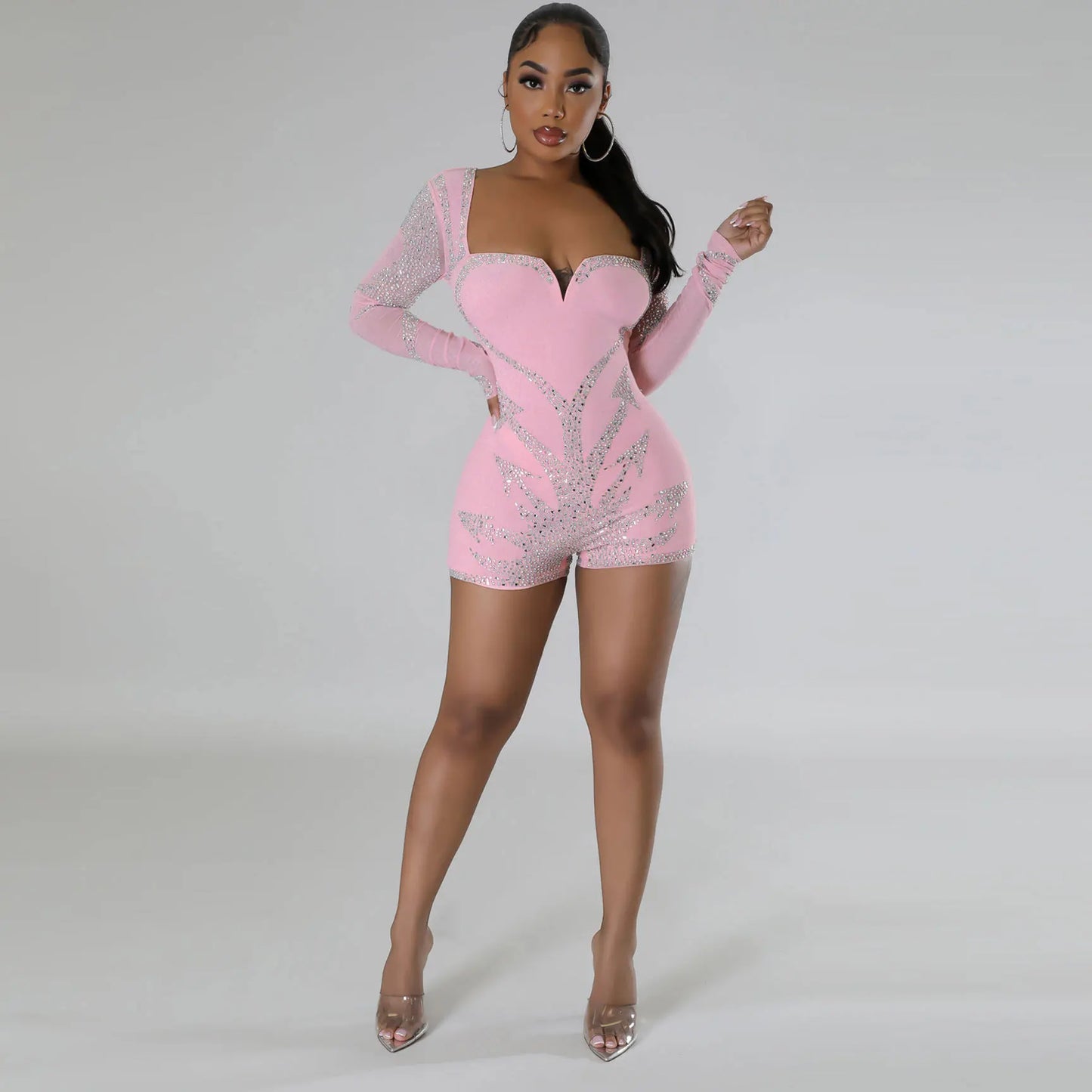 Rhinestone Mesh V Neck Long Sleeve Jumpsuit For Women