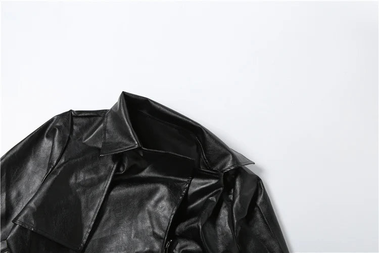 Elegant Belted Faux Leather Cropped Jacket for Women