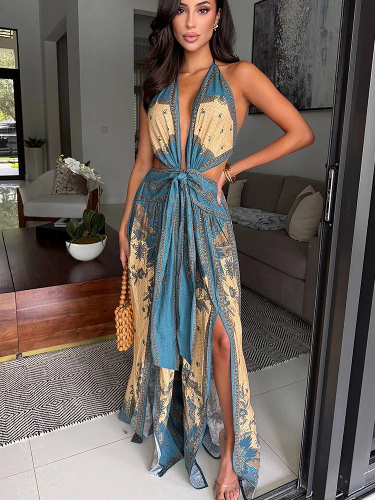 Deep V Neck Halter Sleeveless Lace Up Bow Wide Leg Jumpsuit for Women