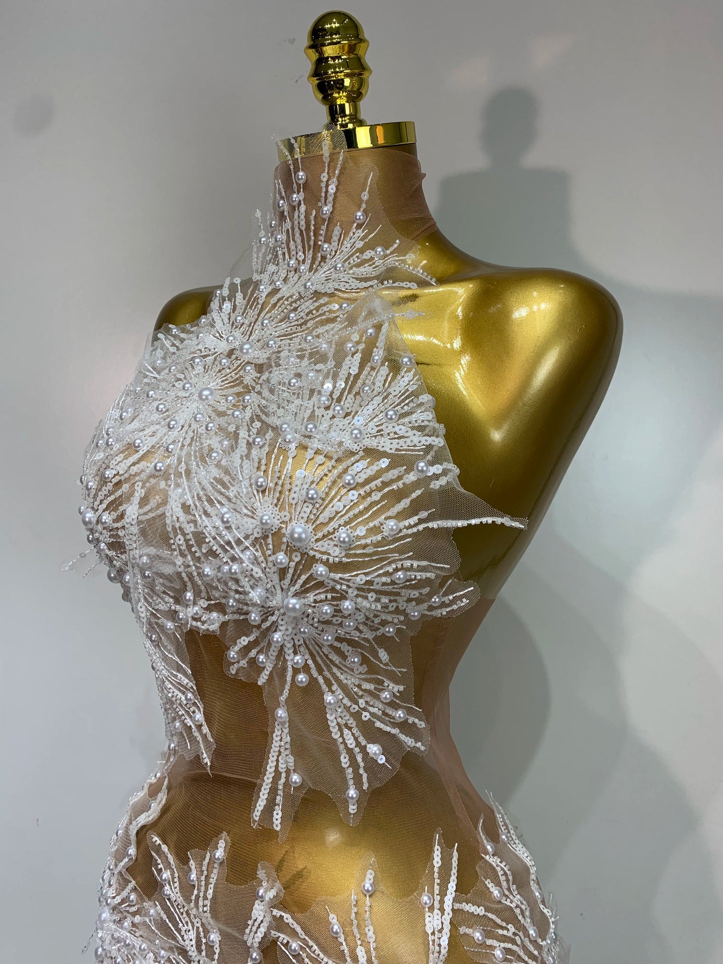 Women Sexy Mesh See Through Pearl Lace Party Mini Dress Celebrate Birthday Photo Shoot Wear Performance Stage Costume