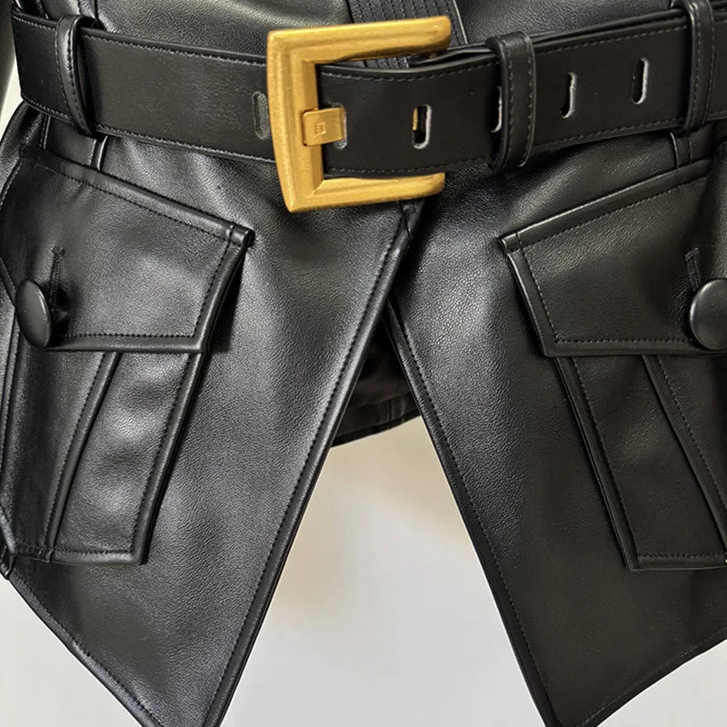 Slim Fit Faux Leather Motorcycle Jacket With Pockets for Women