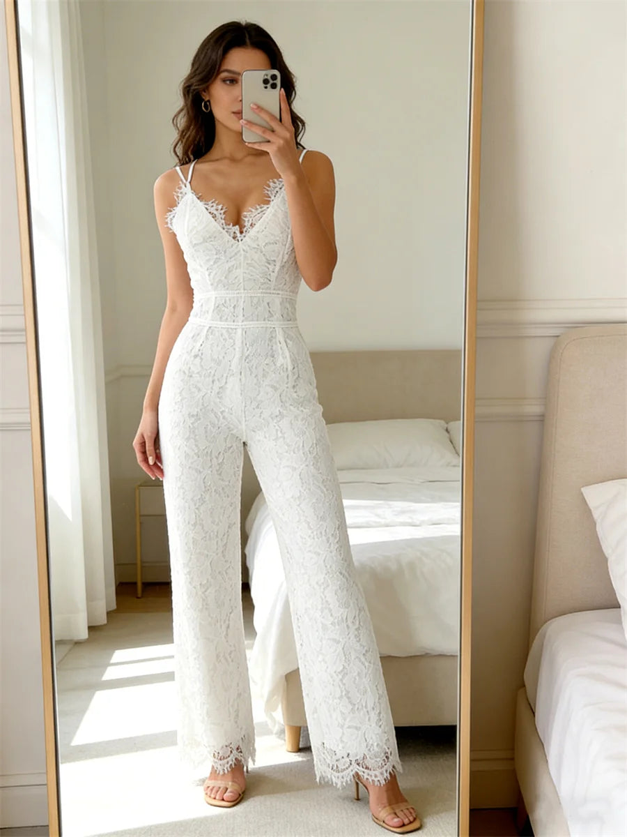 Elegant Lace Spaghetti Strap V Neck Wide Leg Jumpsuit for Women