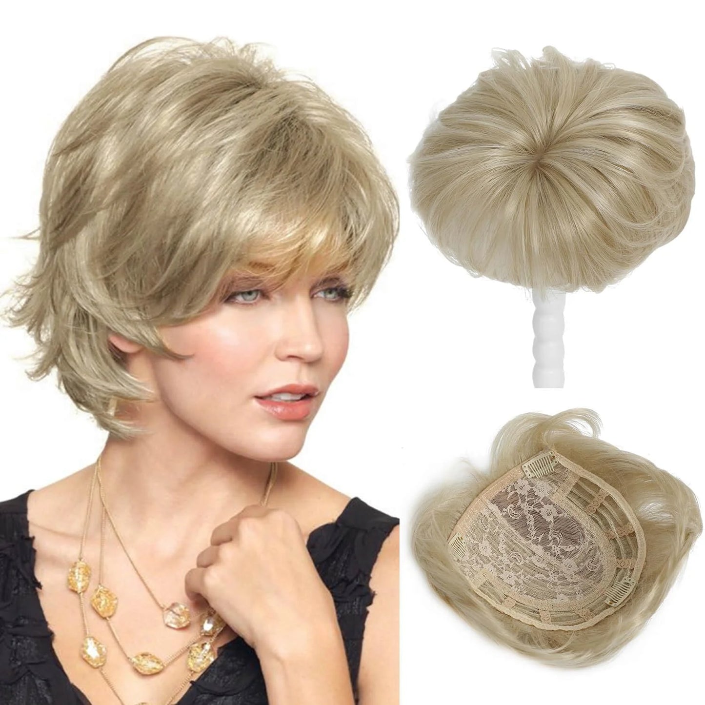 Pixie Cut Hair Toppers for Women 6.8" x 7" Short Hair Topper Fluffy Synthetic Hair Topper Clip in Top Wavy Replacement Wiglets
