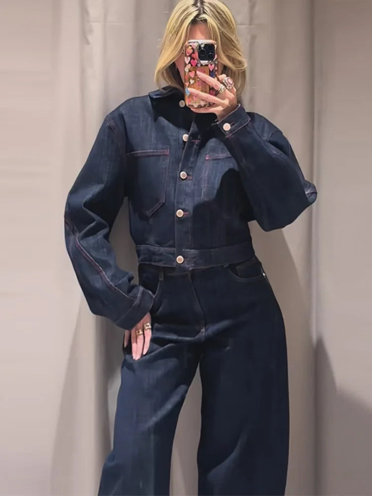 Chic Heart Print Denim Coat and Pants Set for Women