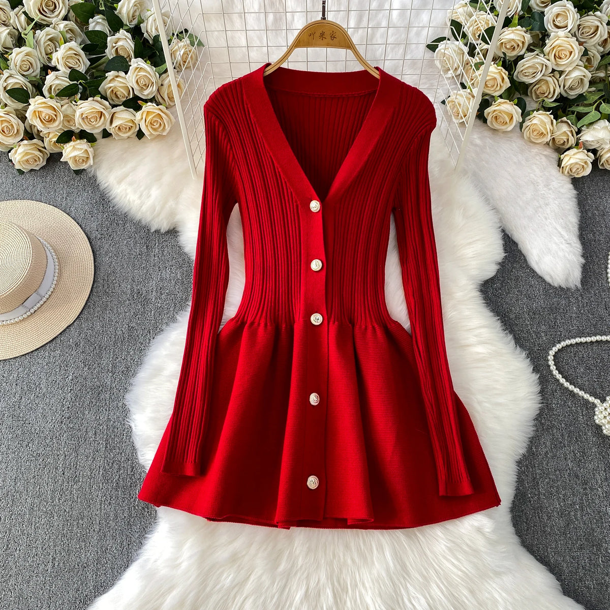 V Neck Knit A Line Long Sleeve Mini Dress for Women