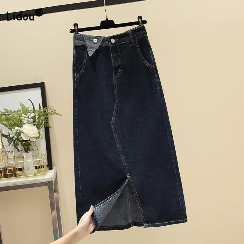 High Waist Split A-Line Denim Midi Skirt With Pockets For Women