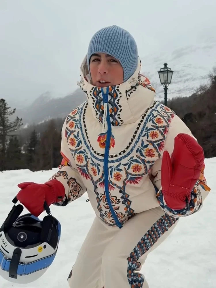 Printed Hooded Ski Jacket And Wide Leg Pants Set for Women