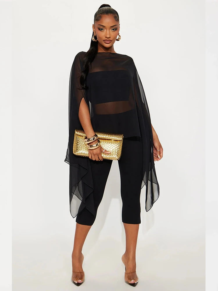 Nibber Hottie Mesh See Through Shawl Top Woman Skew Collar Batwing Sleeve Irregular Navel Exposed Design Sexy Fashion Clothing