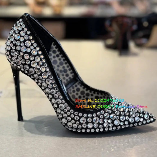 Crystal Embellished High Heel Pumps Women Pointed Toe Leather Stiletto Heel Slip On Solid Color Banquet Wedding Dress Shoes