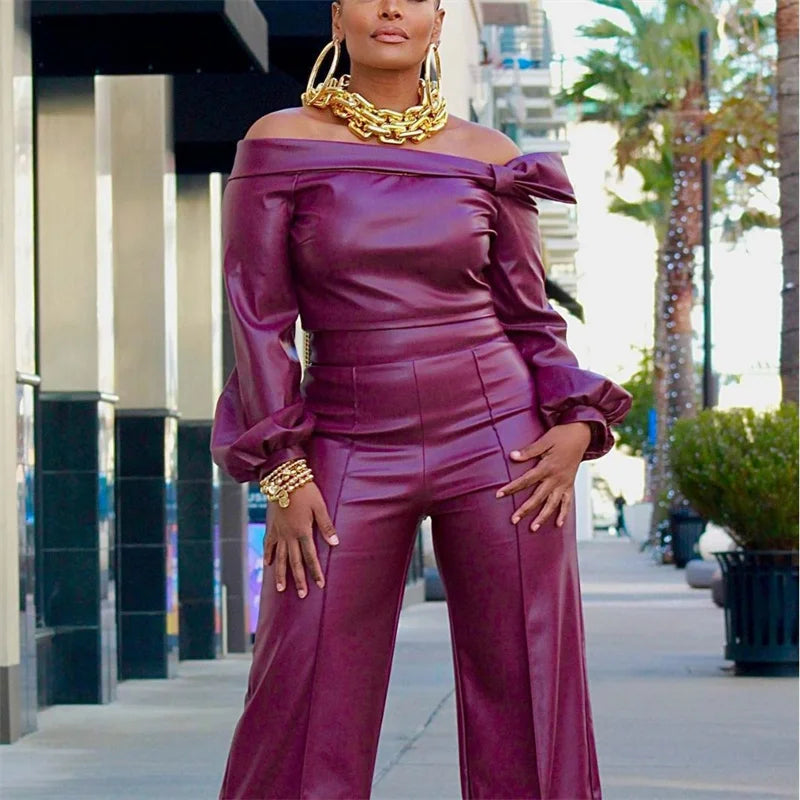 PU Faux Leather Two Piece Set for Women Y2K Clothing Slash Neck Crop Top and Wide Leg Pants Matching Sets Night Club Outfits