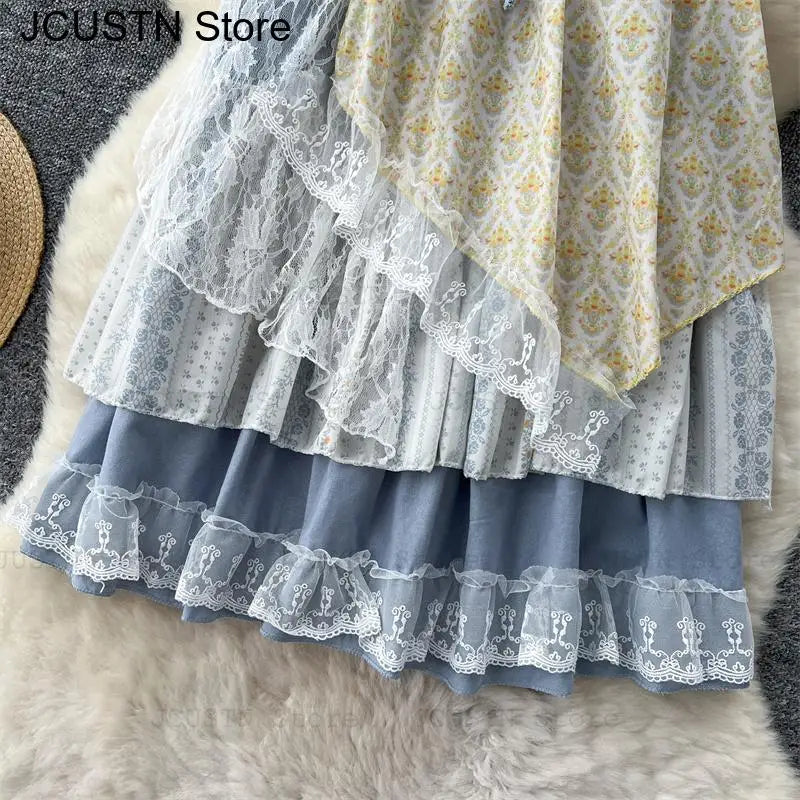 High-Waist Patchwork Lace-Up Skirt