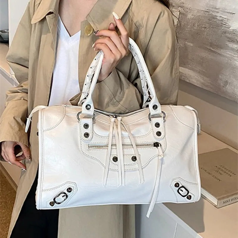 Rivet Embellished Faux Leather Tote Bag