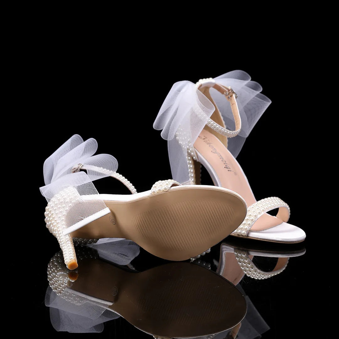 Elegant Pearl Beaded Mesh Bowknot Sandals for Women