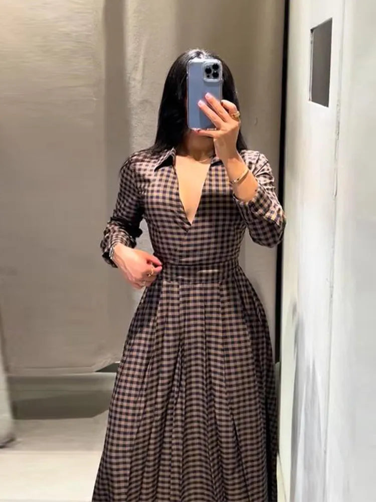 Elegant Plaid Women's Long Dresses Loose Tie Up Bow Laple Full Sleeve A-line Dress For Woman 2026 Spring New Lady Party Robes