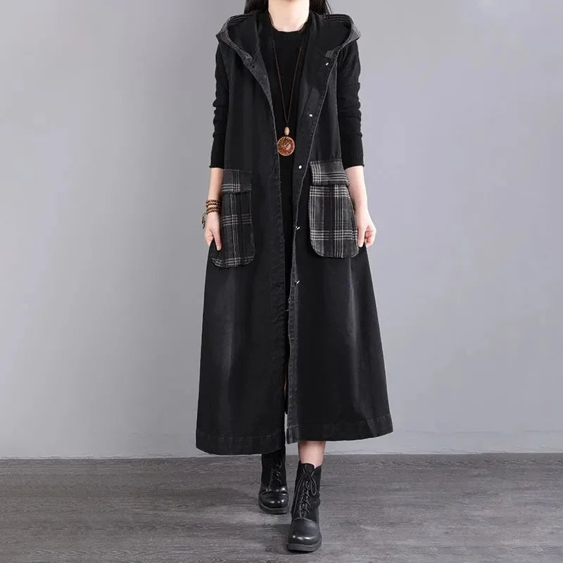 Loose Fit Hooded Denim Vest With Big Pockets For Women