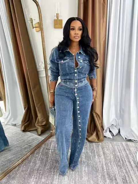 Denim Jacket And Straight Leg Pants Set