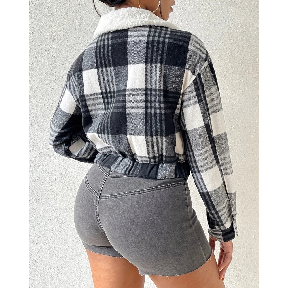 Women Fluffy Turn-down Collar Striped Print Covered Button Short Jackets Autumn Long Sleeve Coat Outfits Winter Clothing