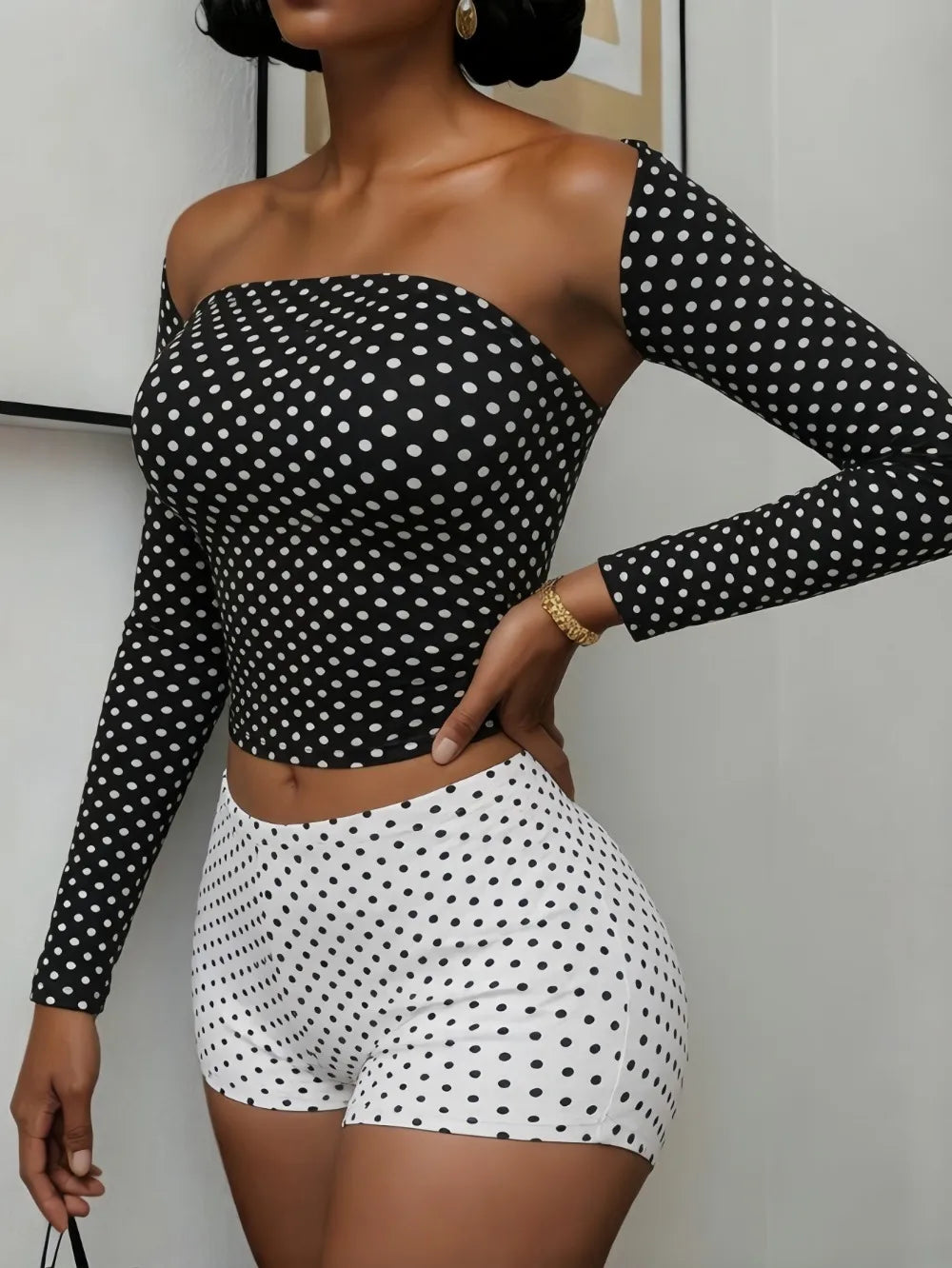 Retro Polka Dot Two Piece Crop Top and Shorts Set for Women