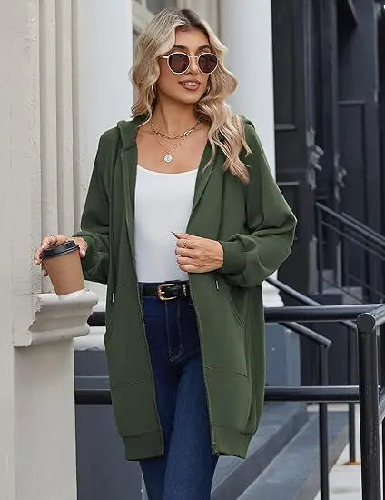 Solid Color Long Sleeve Zippered Hoodies For Women