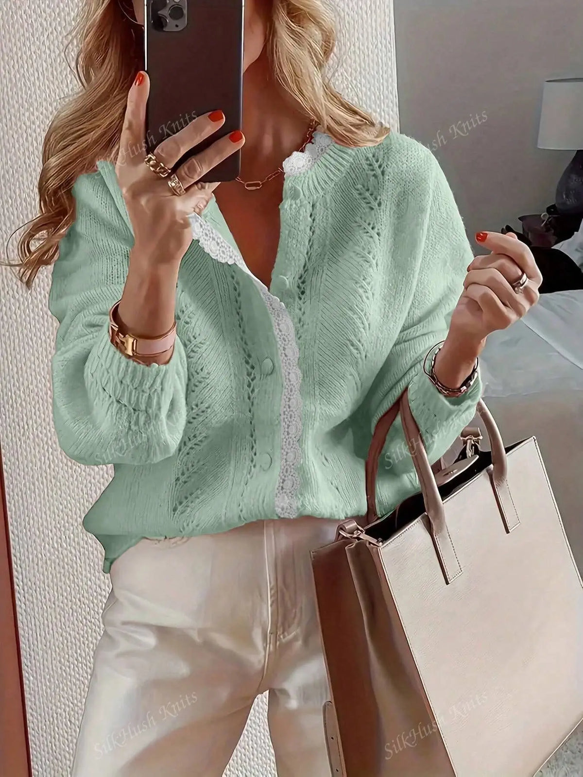 Loose Fit Hollow Out Knit Cardigan Sweater for Women