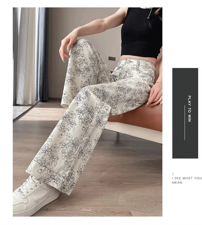 High Rise Wide Leg Printed Denim Pants For Women