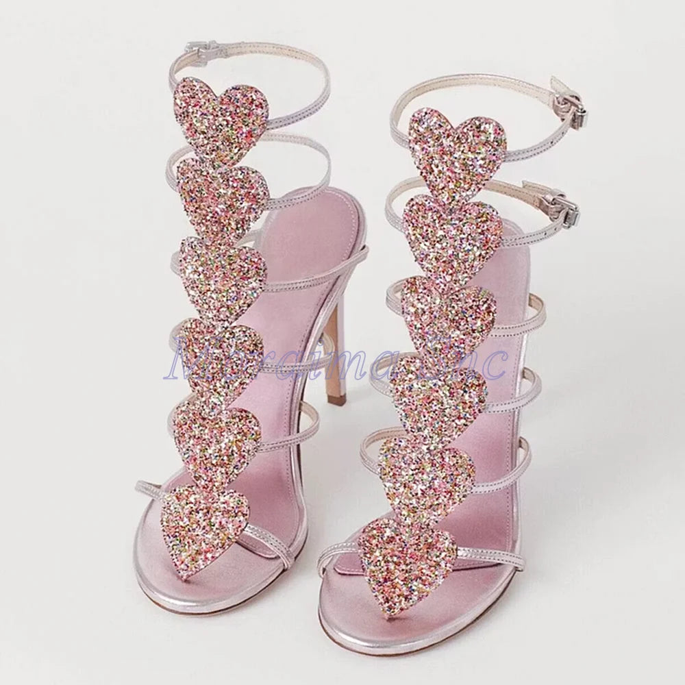 Pink Glitter Heart Strap Gladiator Sandals For Women