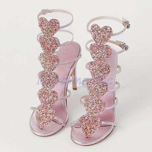 Pink Glitter Heart Gladiator Sandals