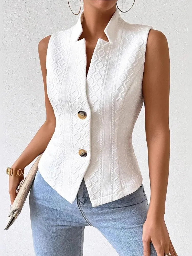 Solid Color Slim Fit Sleeveless Vest With Stand Up Collar for Women