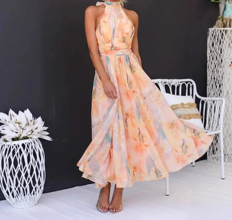 Flower Dress for Women Print Hollow Backless Holiday Fashion Lace Up Sleeveless Pleated Party Dresses New 2025 Summer Long Skirt