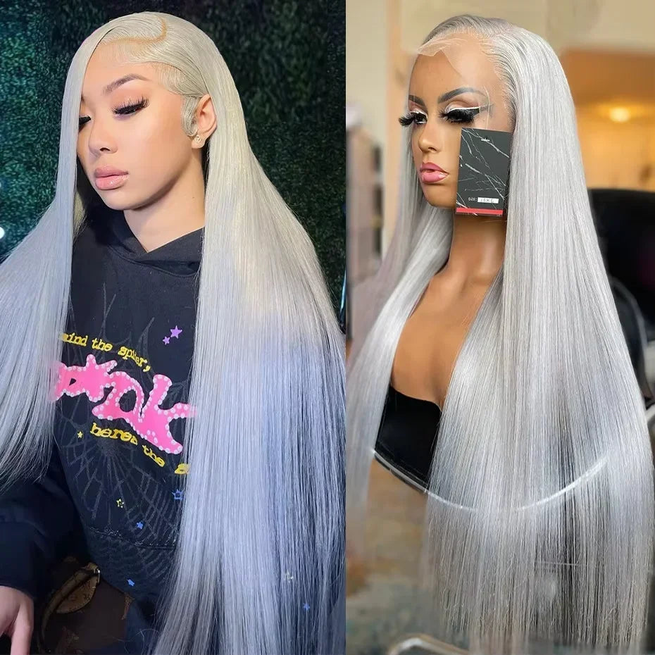 Grey Straight Lace Front Wig With Preplucked Hair for Women