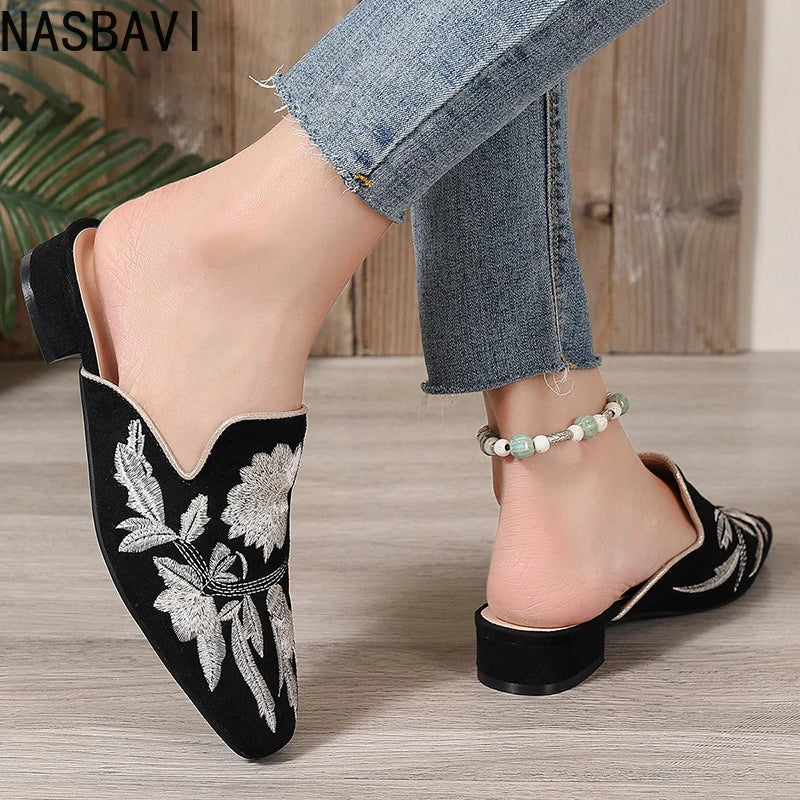Chic Floral Velvet Embroidered Mules