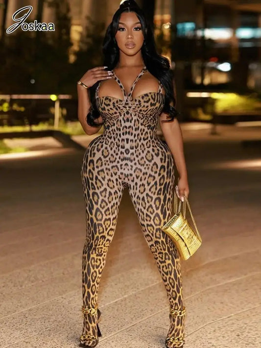Joskaa Leopard Print Jumpsuits Women Hipster Sexy Spaghetti Strap Sleeveless Body-Shaping Rompers 2025 Party Clubwear Streetwear