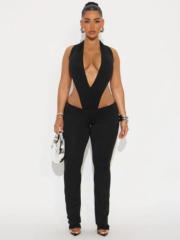Weird Puss Hipster 2 Piece Set Women Sexy Deep V-Neck Hollow Bandage Bodysuit+Flare Pants Summer Midnight Matching Clubwear Suit