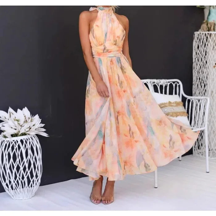 Flower Dress for Women Print Hollow Backless Holiday Fashion Lace Up Sleeveless Pleated Party Dresses New 2025 Summer Long Skirt