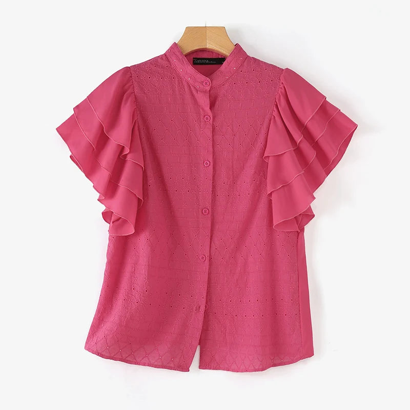 ZANZEA Korean Fashion Lace Shirt Women Ruffle Short Sleeves Tops 2024 Summer Designer Blouse Office Lady Lapel Neck Buttons Tops