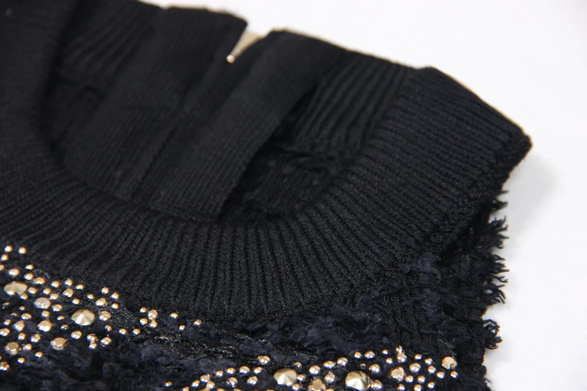 2025 Autumn New Heavy Knitted Hot Diamond Long-sleeved Jacket Sexy Vest + Skirt Set Light Luxury Party Women Three-piece Set