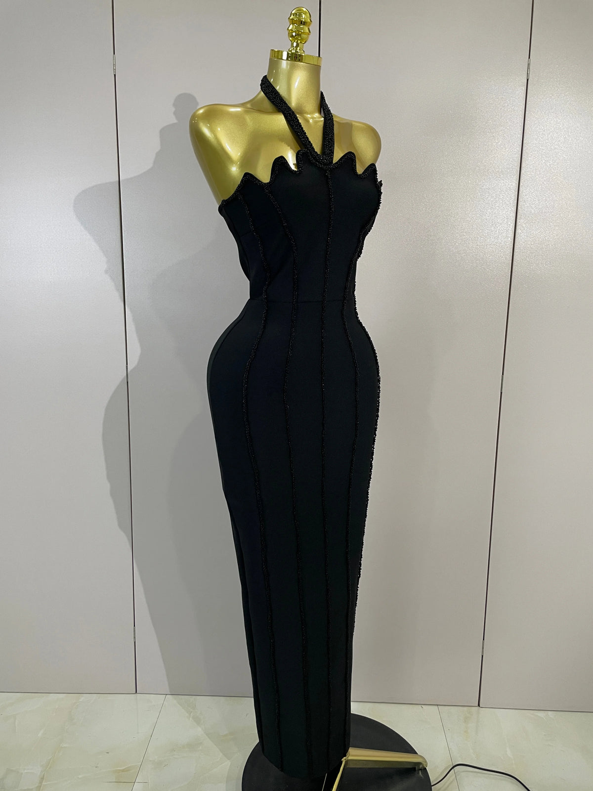 Sexy Beaded Scalloped Halter Black Bodycon Long Bandage Dress Women Elegant Birthday Wedding Guest Celebrate Evening Club Gown