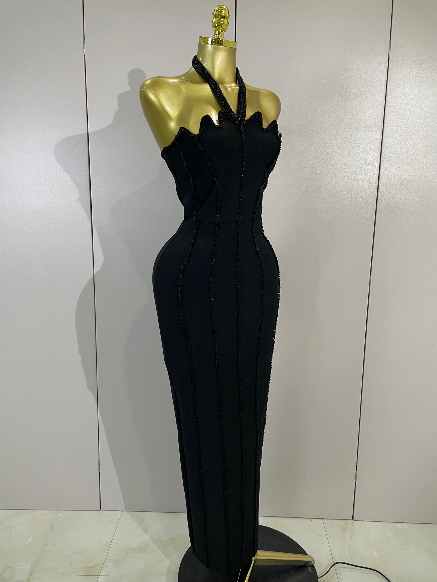 Sexy Beaded Scalloped Halter Black Bodycon Long Bandage Dress Women Elegant Birthday Wedding Guest Celebrate Evening Club Gown